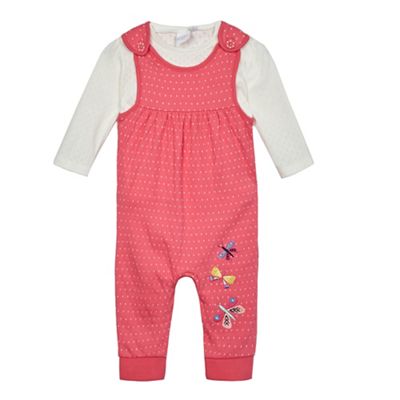 Baby girls' pink butterfly applique dungarees and top set